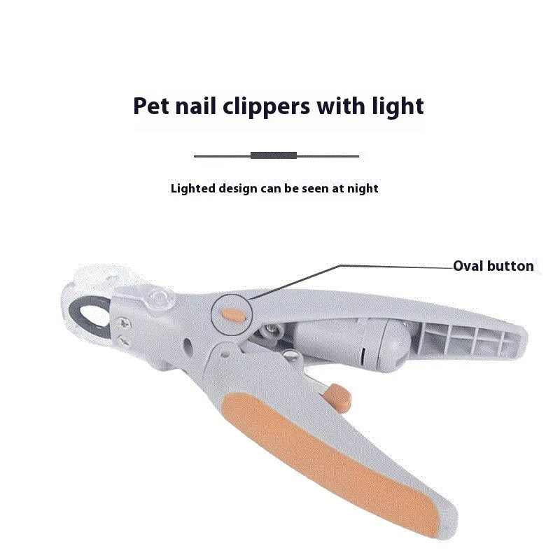 Dog nail clipper with illuminated LED light and visible blood line guide on the cutting head.