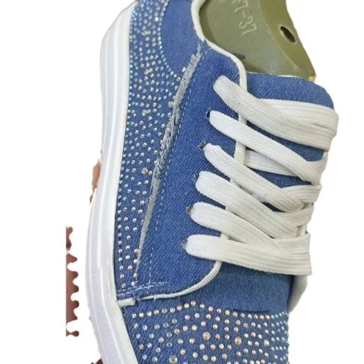 Plus size women's black lace-up casual shoes with rhinestone decoration and thick rubber soles