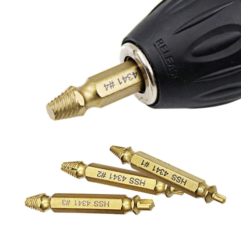4341 high-speed steel screw extractor set with five extractors for removing stripped screws and nails