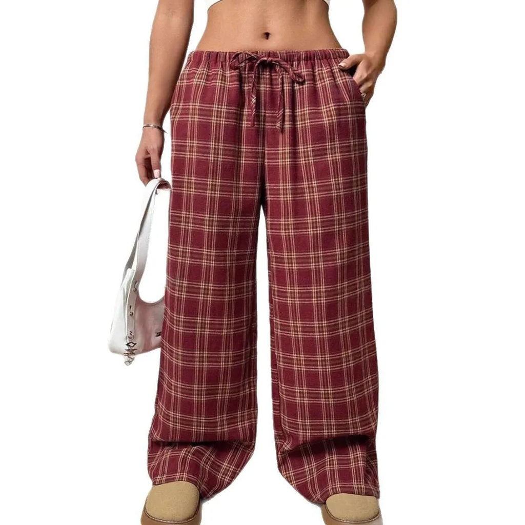Women's blue plaid casual trousers with elasticated drawstring waist and side pockets