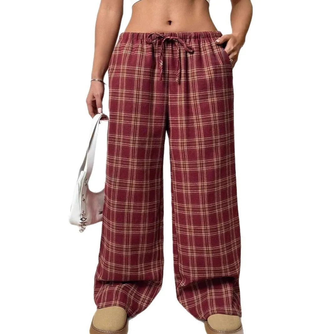Women's blue plaid casual trousers with elasticated drawstring waist and side pockets