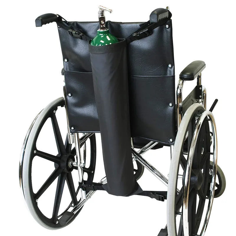 Black outdoor wheelchair pannier bag for oxygen cylinder transport in Nordic style