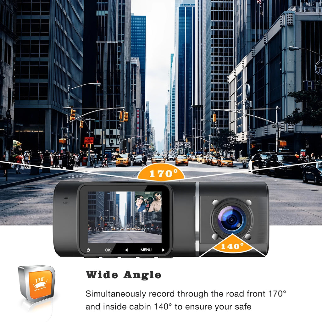 Black dash cam with 1.5-inch screen mounted on car windscreen showing dual camera recording.