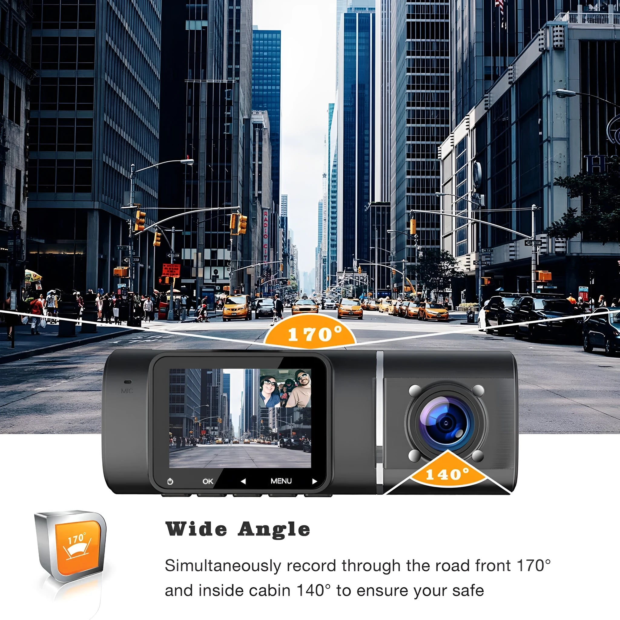 Black dash cam with 1.5-inch screen mounted on car windscreen showing dual camera recording.