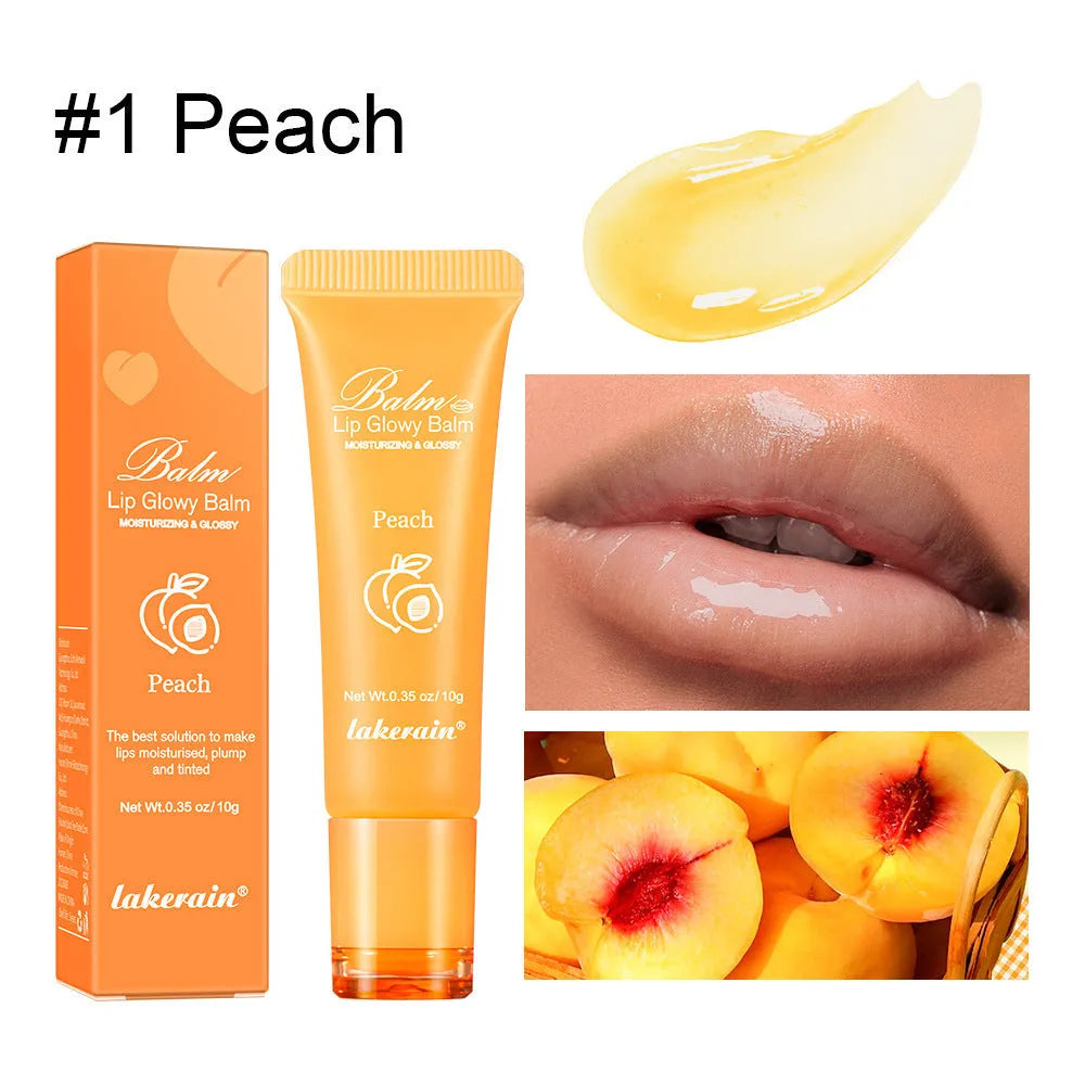 Four flavoured lip glosses in berry, grape, grapefruit, and yellow peach shades.