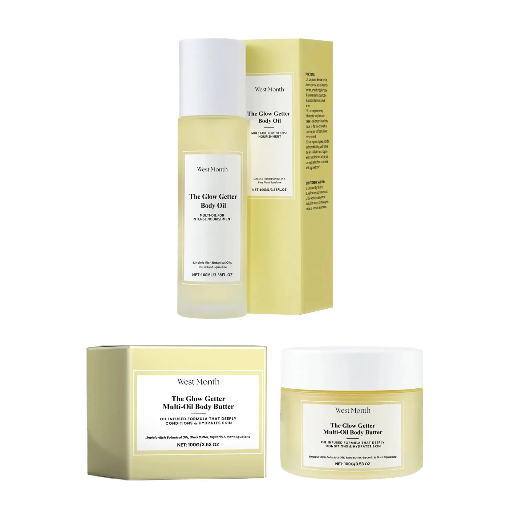 Nourishing and firming skin care set with massage oil and moisturising cream bottles