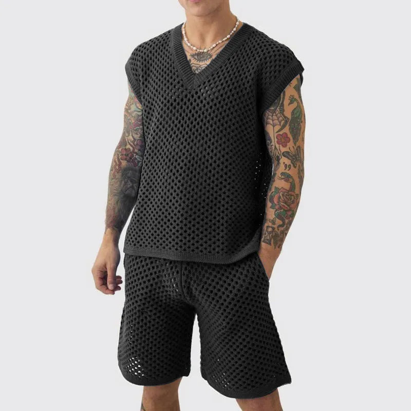 Men's blue knitted vest and shorts sports suit with V-neck design for summer athletic wear