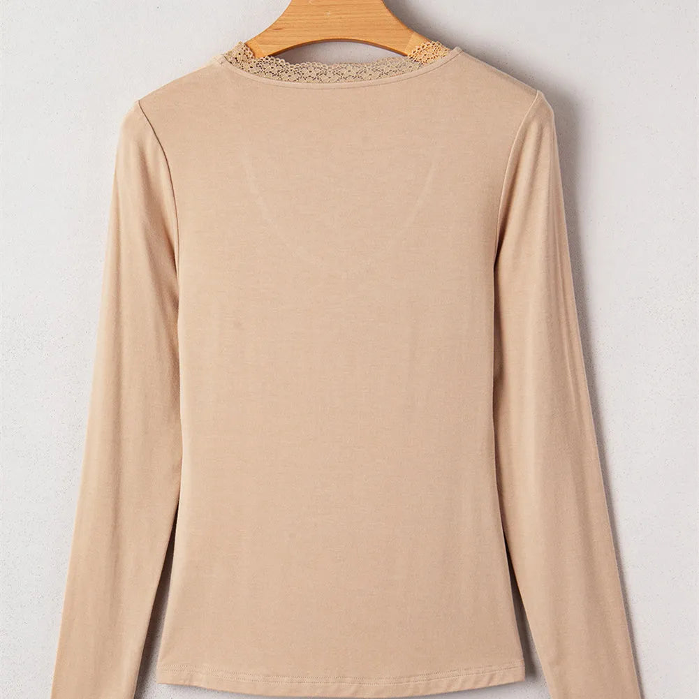 Women's red lace trim long sleeve casual top with slim fit silhouette