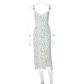 Women's lace floral print summer dress with side slit and suspender straps in polyester fabric