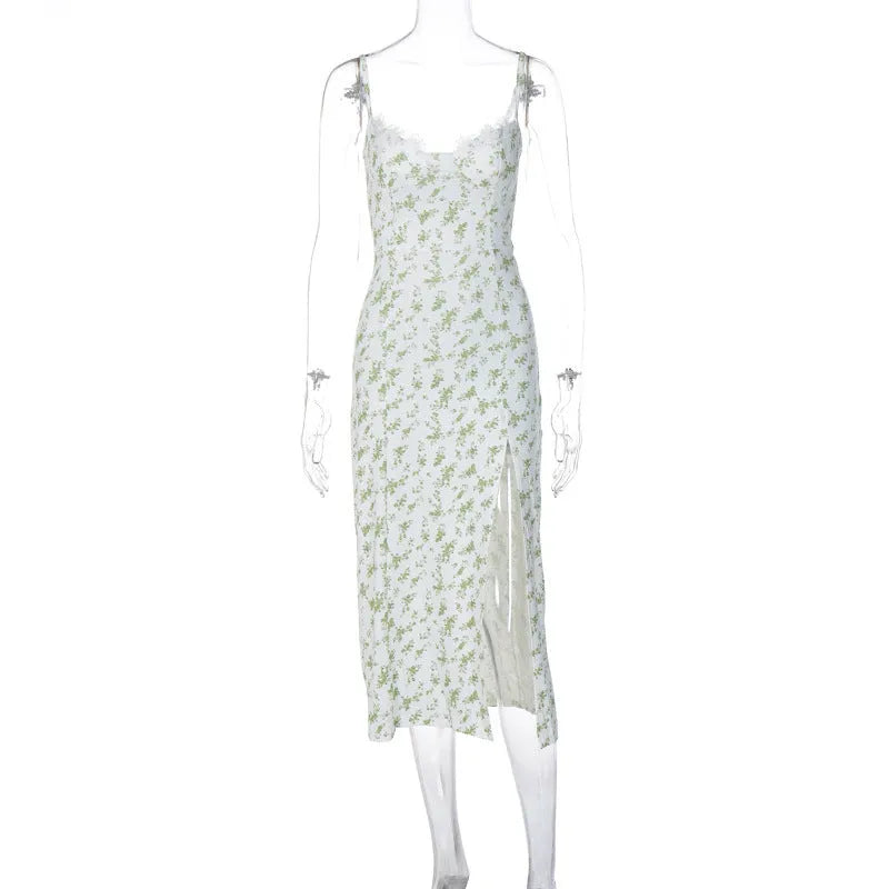 Women's lace floral print summer dress with side slit and suspender straps in polyester fabric
