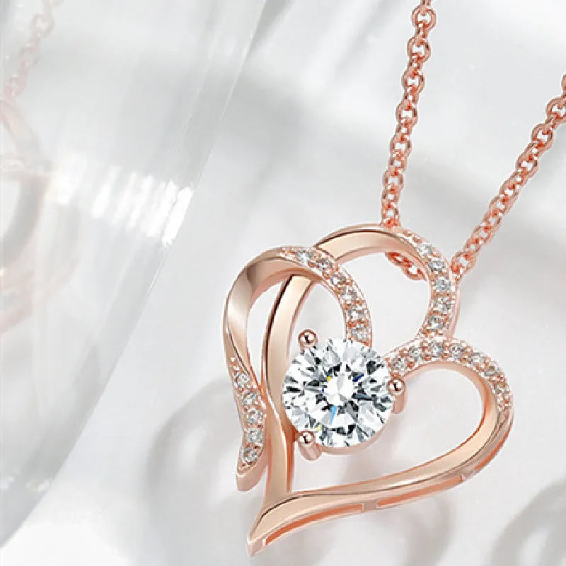 Women's simple heart-shaped 925 silver necklace in rose gold, yellow gold, or platinum colour finish.