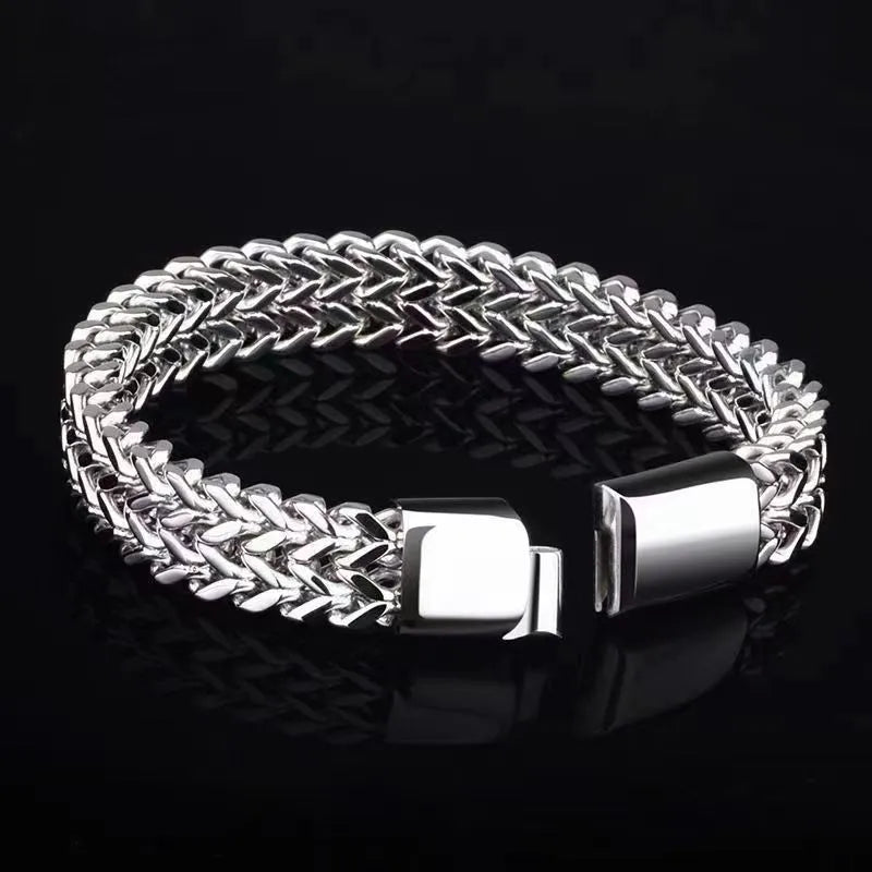 Silver titanium steel hip hop bracelet with geometric design showing front and back view