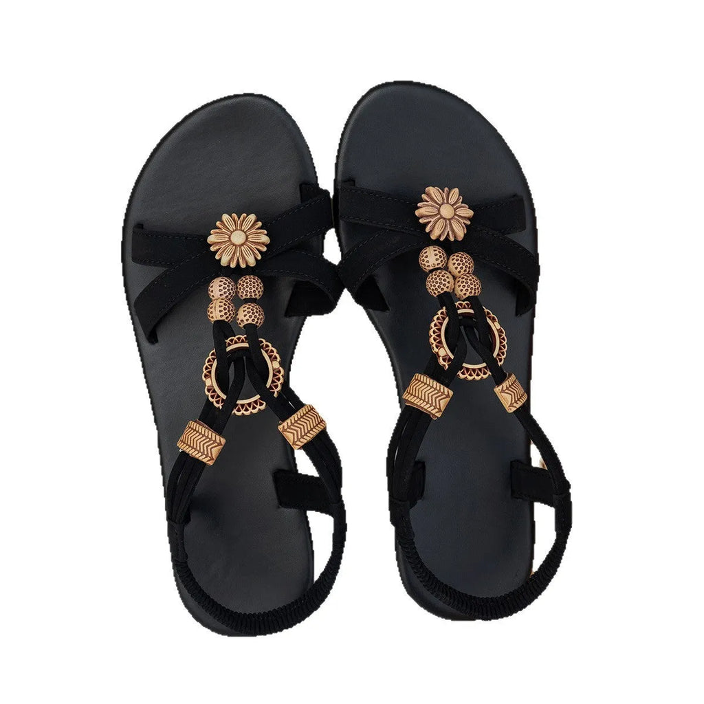 Ethnic style black women's beach sandals with beaded weave decoration and elastic band