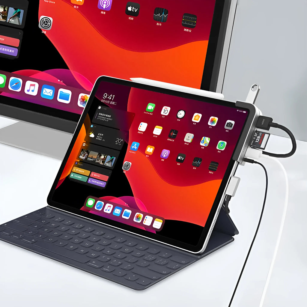 Silver aluminium grey USB-C docking station for iPad Pro with HDMI port and card readers