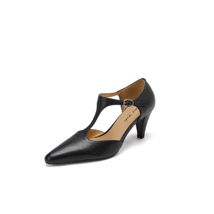 Brown retro women's sandals with a T-strap buckle, closed round toe, and a stout high heel.