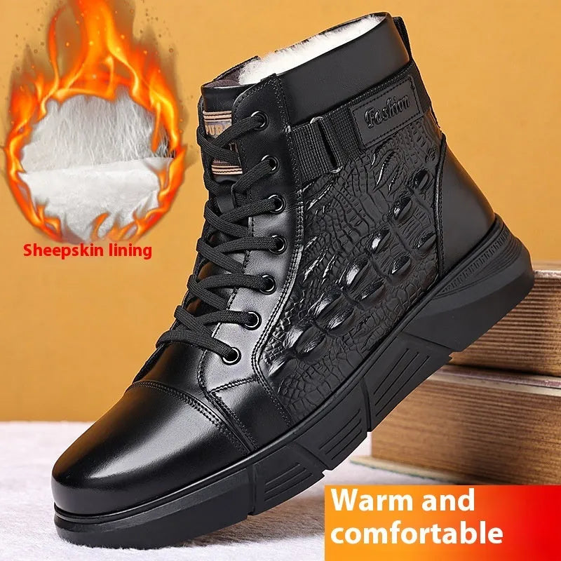 Men's black and brown genuine leather winter boots with fur lining and non-slip rubber soles