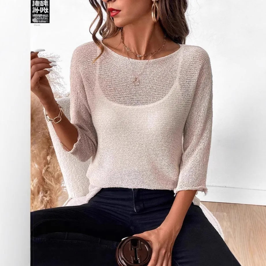 Women's off-shoulder knitted pullover top with 3/4 sleeves in thin polyester fabric