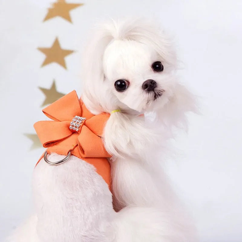 Pink bowknot dog chest strap harness on small white puppy