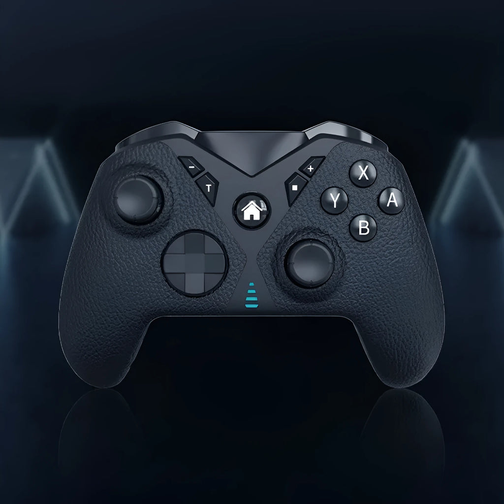 Black wireless Bluetooth game controller with leather texture for Nintendo Switch and mobile phones