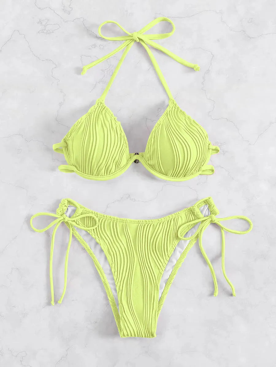 Women's steel bracket underwire split bikini swimsuit in various colours.
