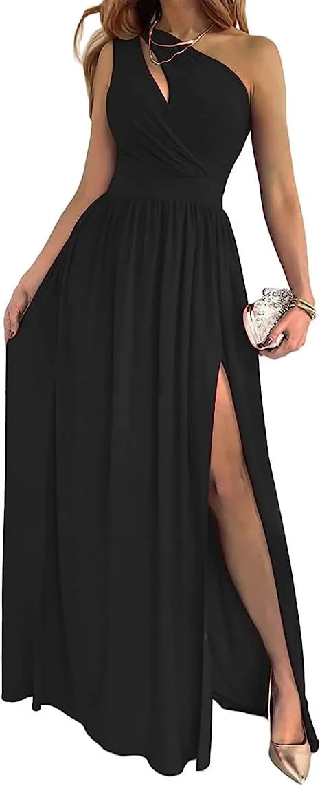 Women's apricot one shoulder maxi dress with high leg split and sleeveless cutout design.