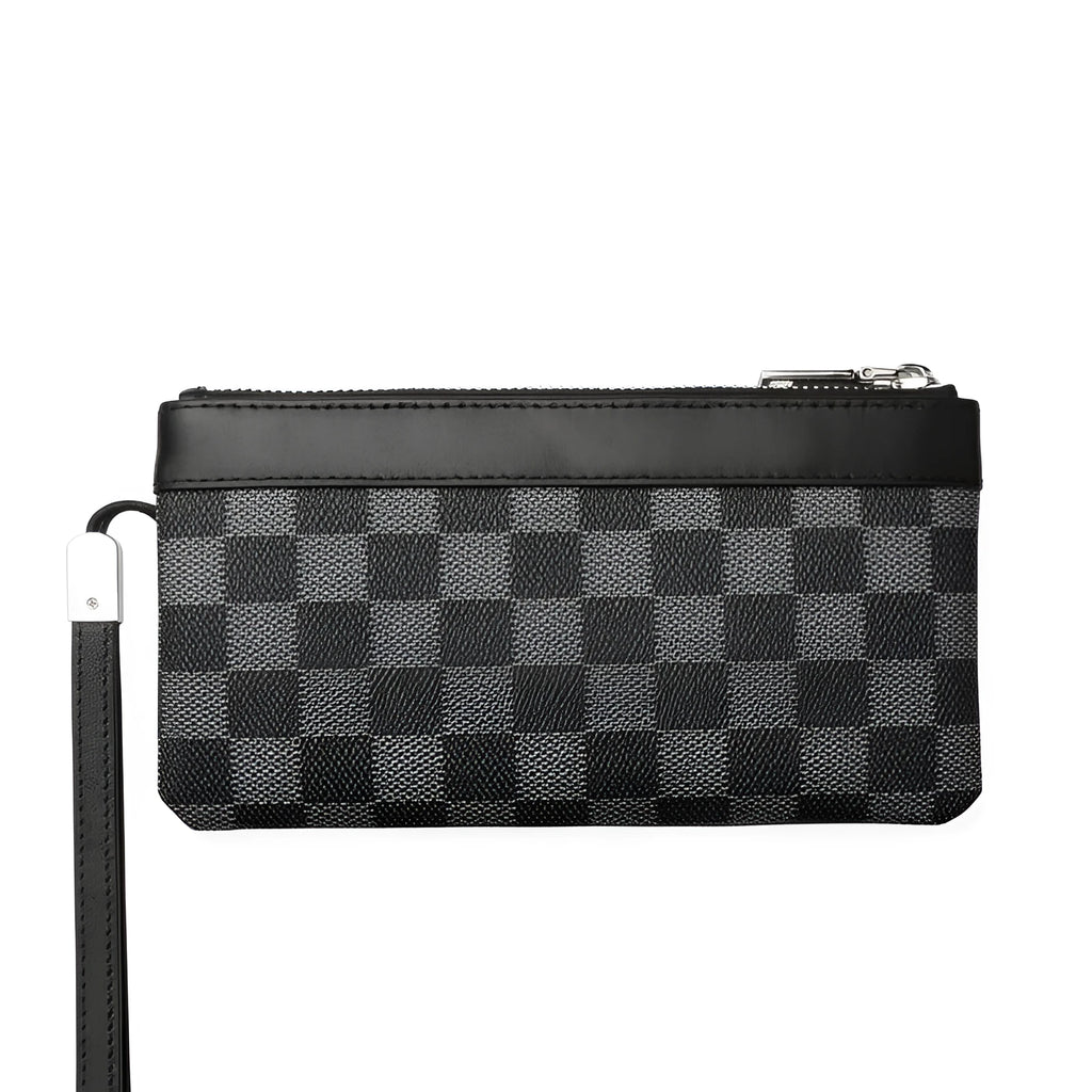 Black men's leather plaid clutch wallet made from cowhide, showing its 20x10 cm size.