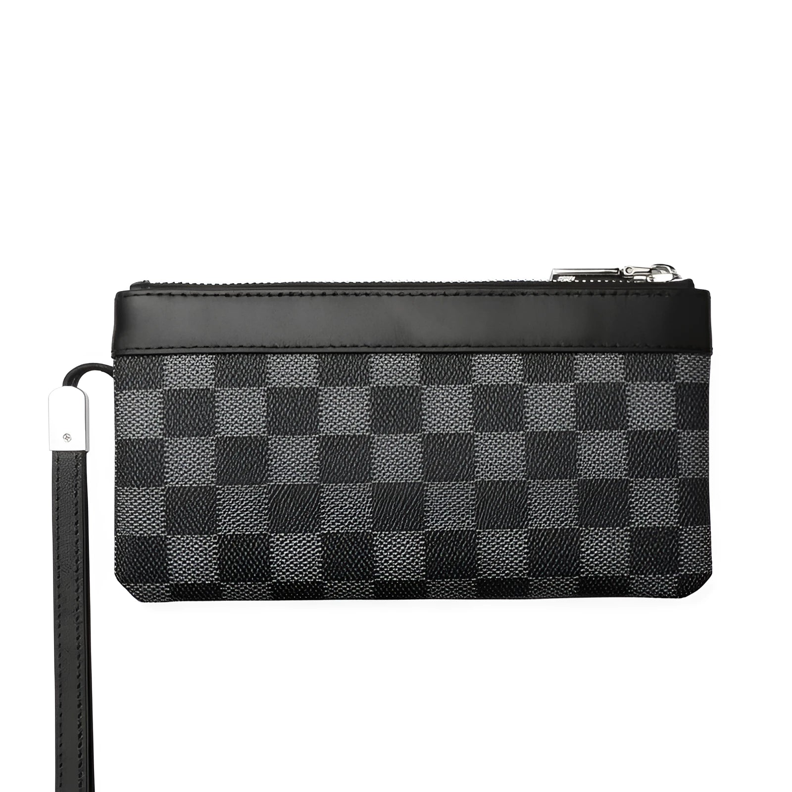 Black men's leather plaid clutch wallet made from cowhide, showing its 20x10 cm size.
