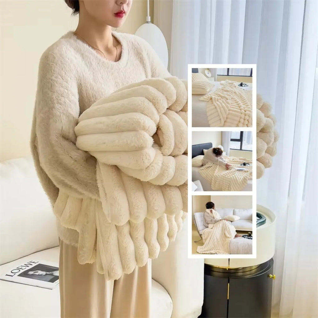 Soft Wind double-sided thickening bubble velvet blanket in a solid colour shown on a sofa.