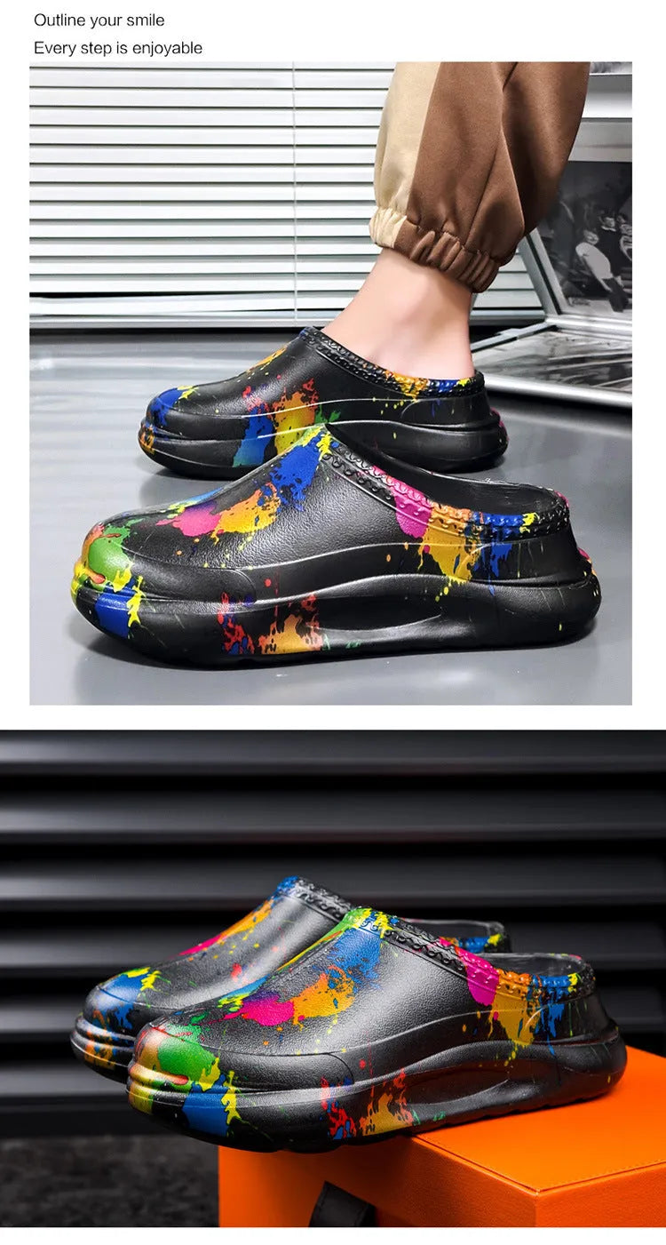Men's black waterproof platform pump work shoes with a textured sole and toe cap design.