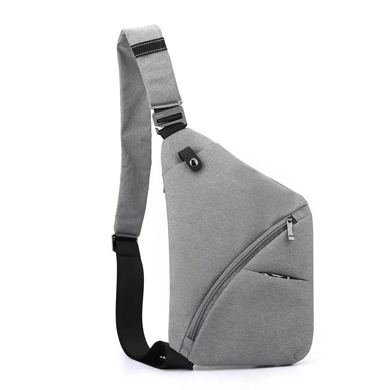 Men's grey oxford cloth chest bag with letter detailing worn on right shoulder