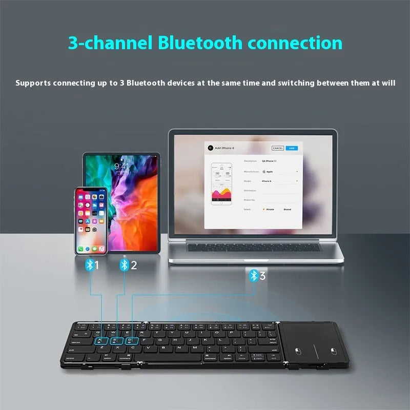 Black folding Bluetooth keyboard for mobile phones and tablets showing compact 346mm size