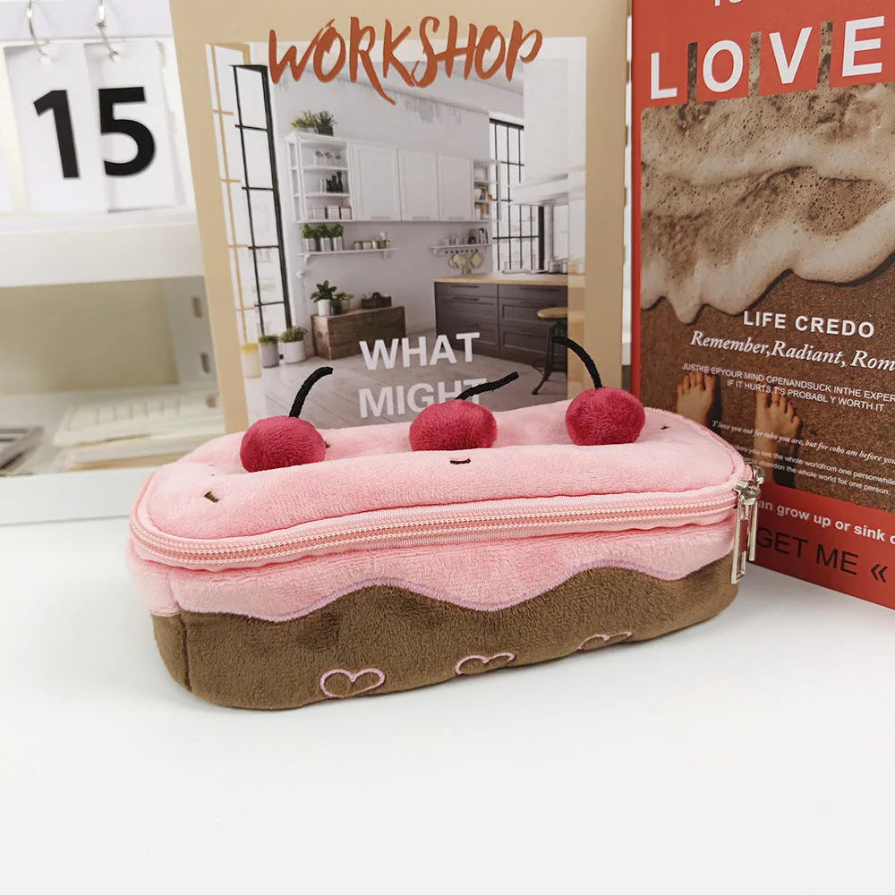 Korean style cherry cake design plush pencil case made from soft red velvet fabric.