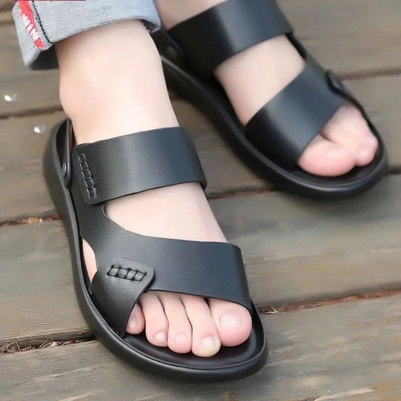 Men's brown and black waterproof plastic casual sandals shown in sizes 39 to 45.