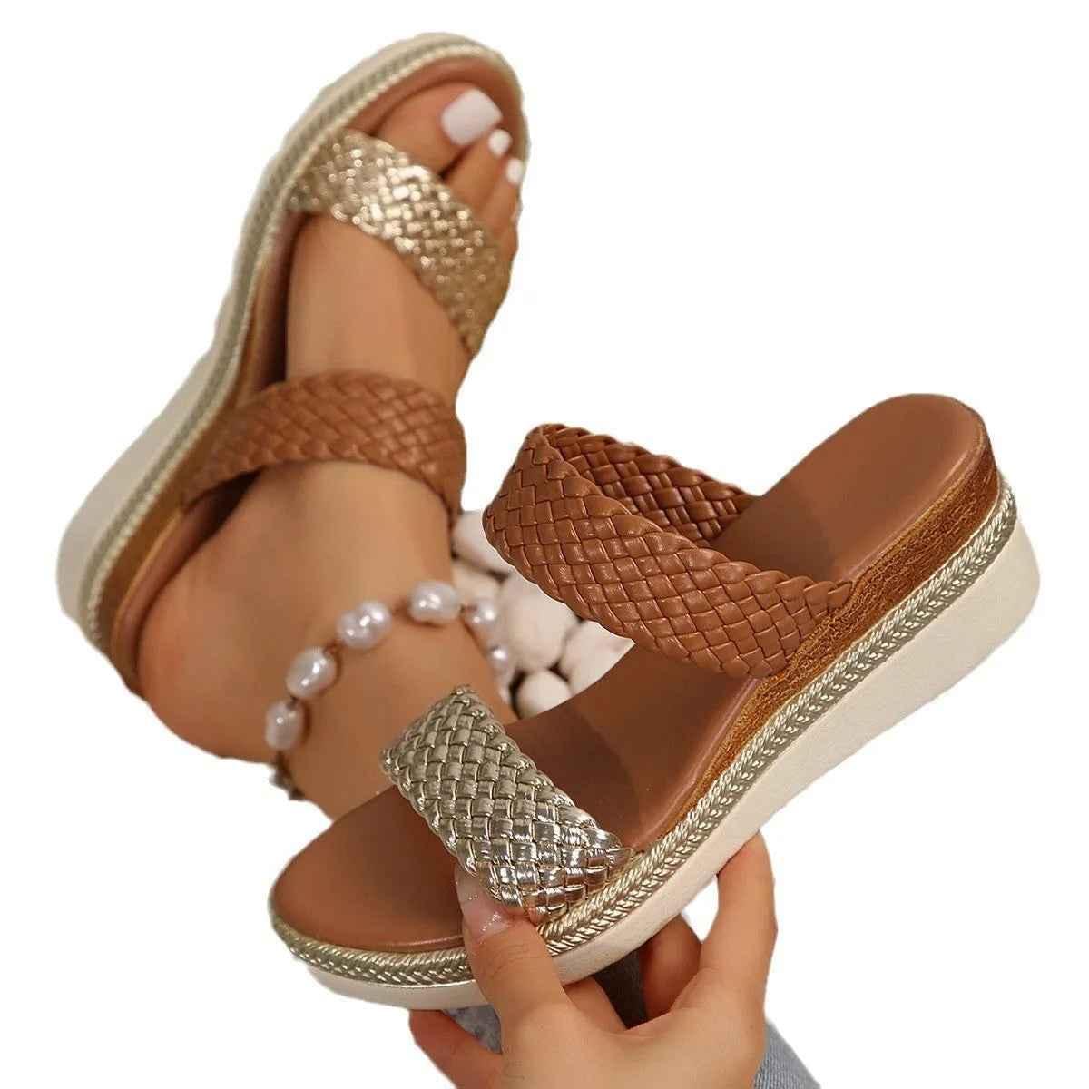 Gold and silver plus size women's wedge sandals with a 4.5 cm rubber sole