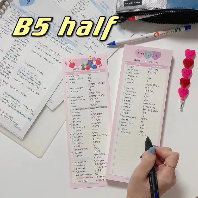 B5 half size learning notepad with vertical double-sided printing for English vocabulary practice