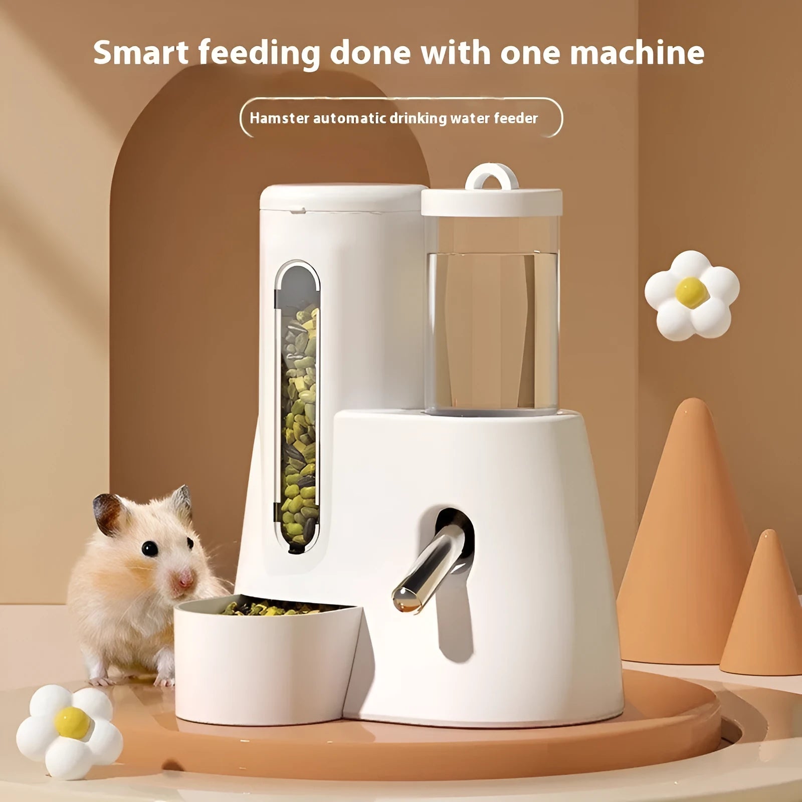 White, blue, and pink hamster automatic drinking water feeder with food basin for small pets