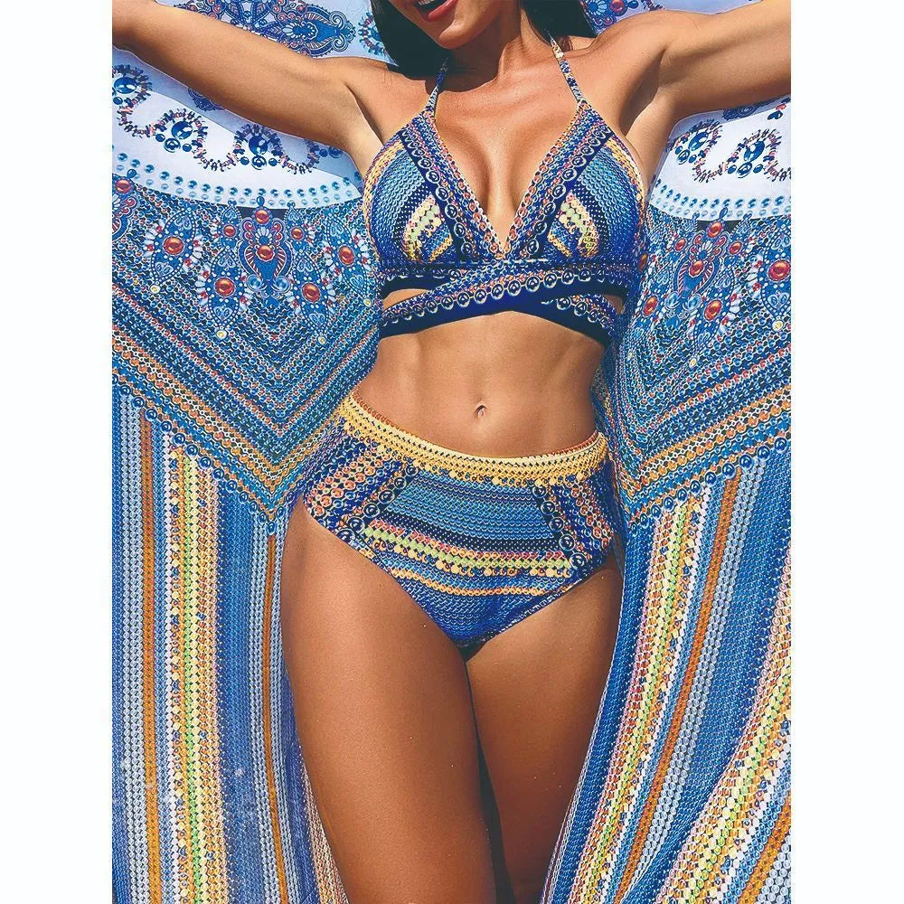 Women's three-piece swimsuit set showing cross bandage top, bra, and high waist briefs in coordinating colours