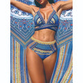 Women's three-piece swimsuit set showing cross bandage top, bra, and high waist briefs in coordinating colours