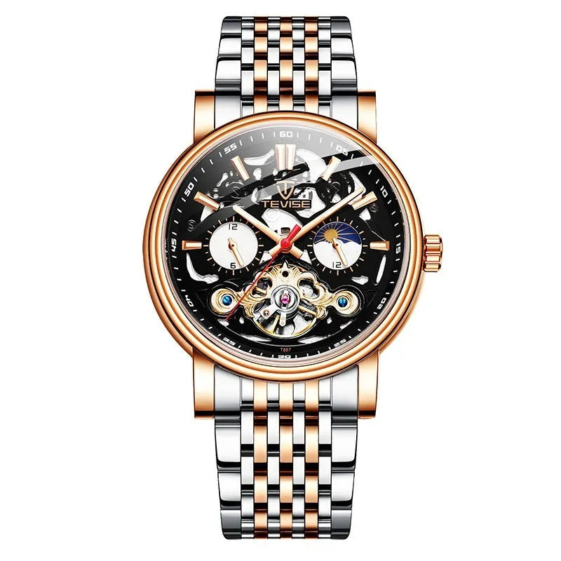 Men's fashion tourbillon mechanical watch with luminous dial on a metal bracelet, showing water resistant case.