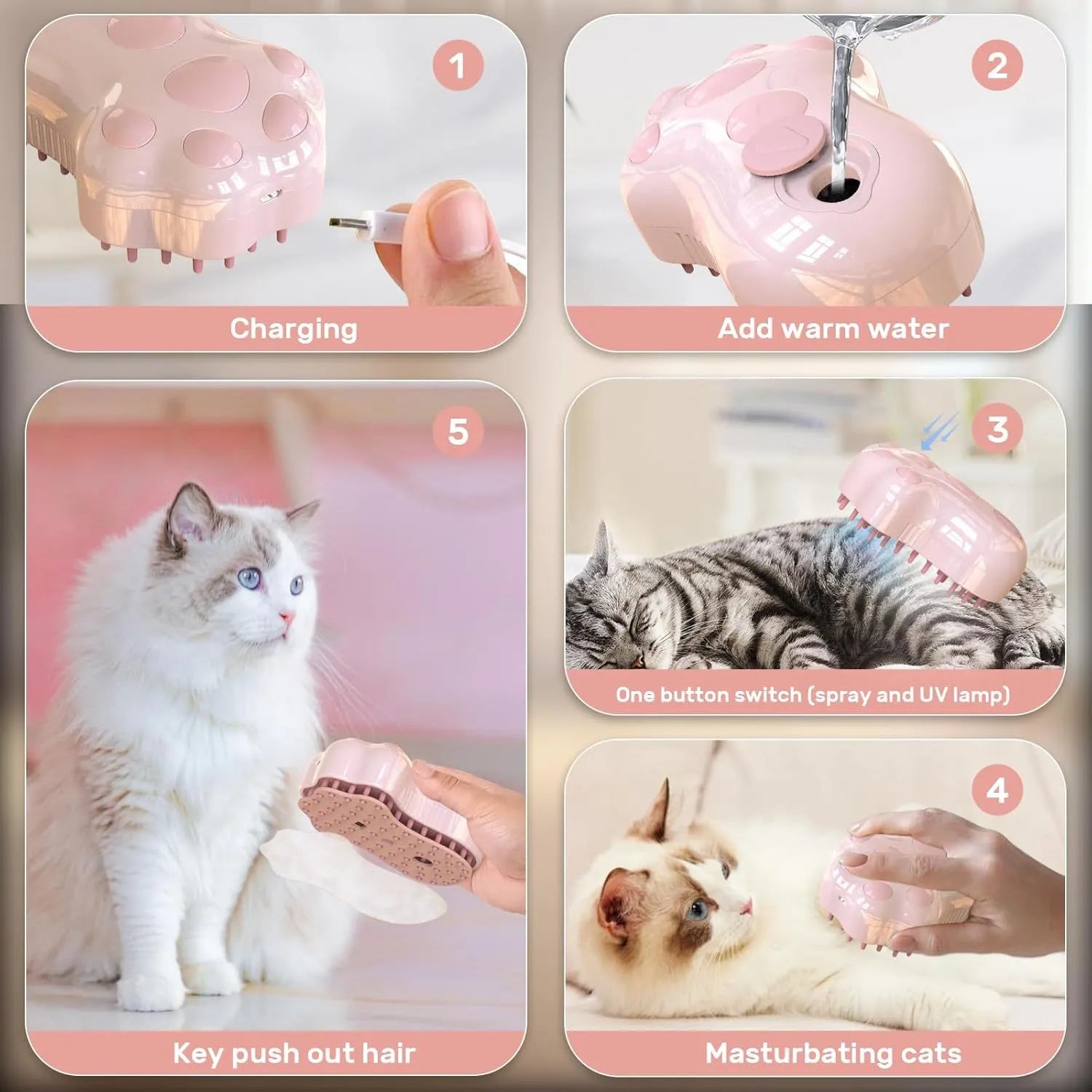 Blue self-cleaning pet steam brush with silicone bristles and spray function.