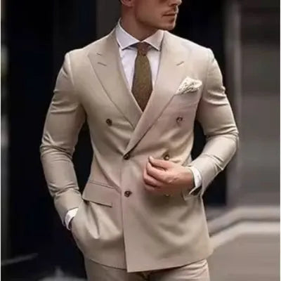 Men's Korean-style slim fit two-piece suit in cotton blend fabric showing jacket and trousers