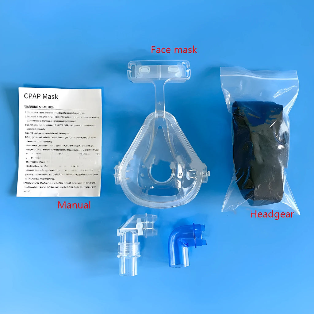Transparent CPAP breathing mask with silicone cushion and adapter elbows for ventilator connection