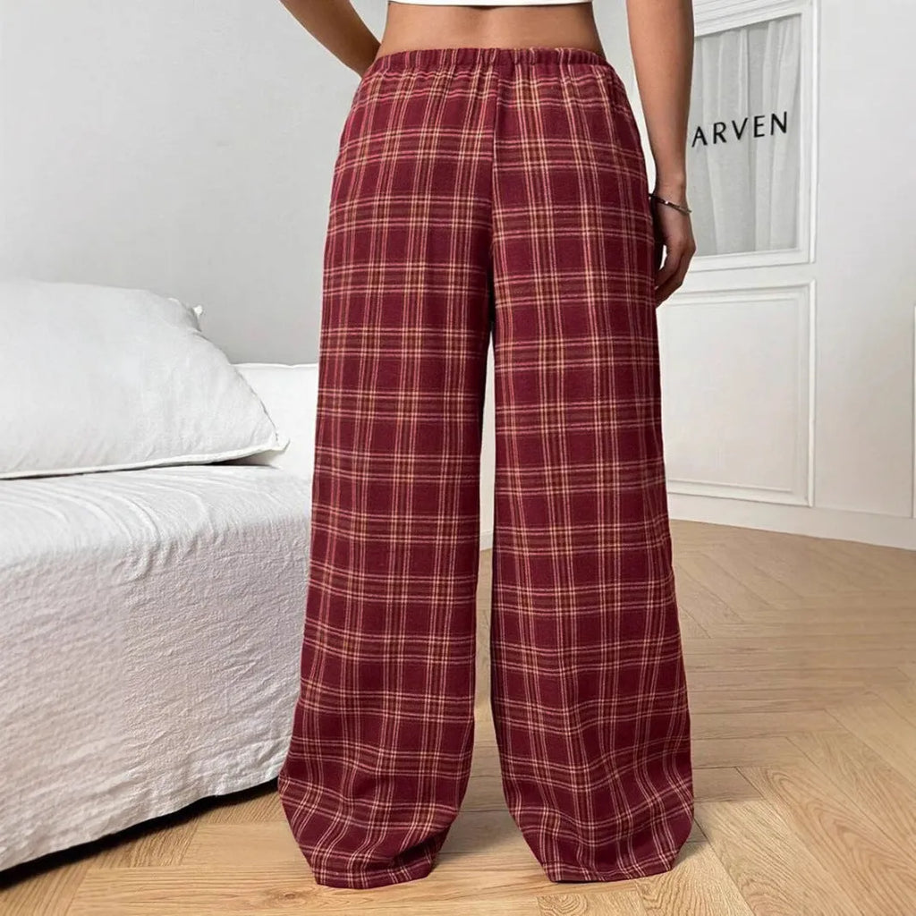 Women's blue plaid casual trousers with elasticated drawstring waist and side pockets