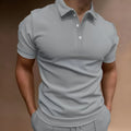 Men's grey button detail T-shirt with loose fit short sleeves for casual wear