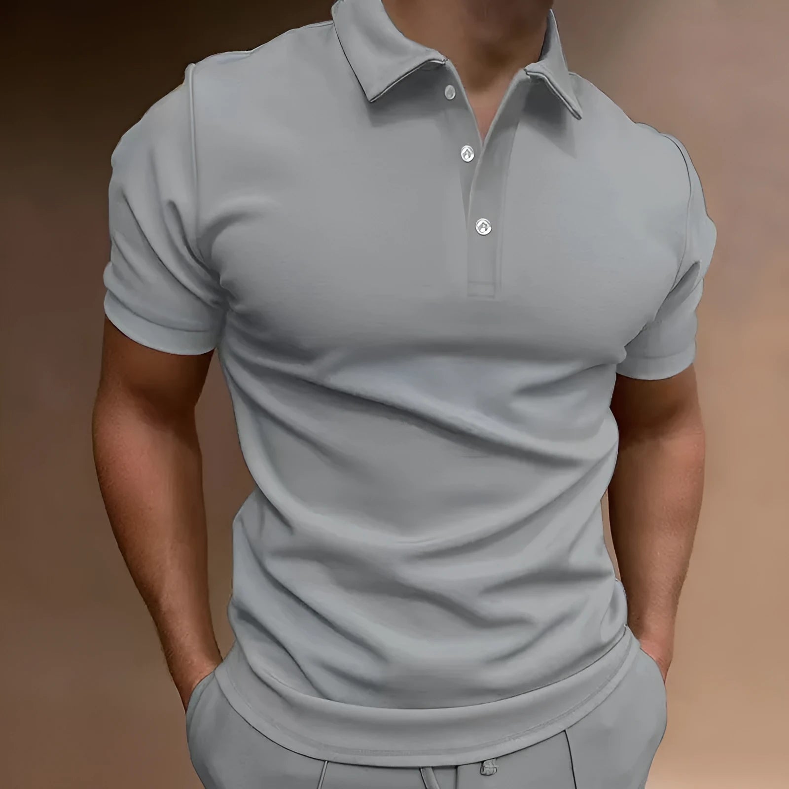 Men's grey button detail T-shirt with loose fit short sleeves for casual wear