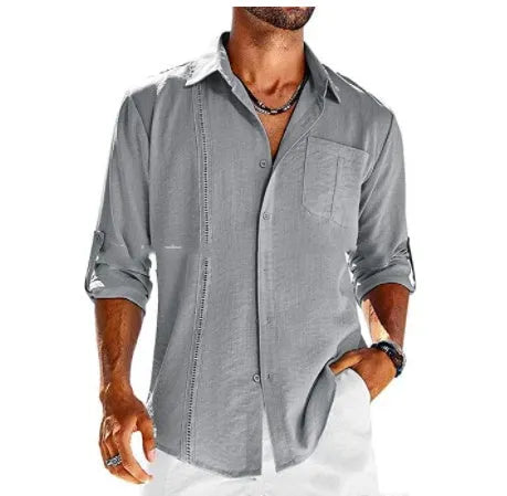 Mens grey casual long sleeve shirt with lace detail on polo collar and chest pocket.