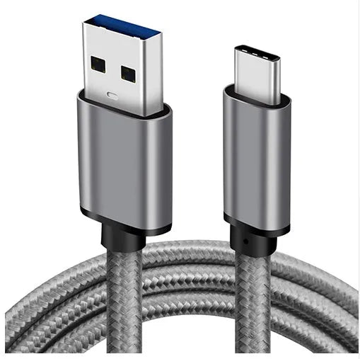 USB Type-C charging cable with metal casing and gold connectors in silver colour