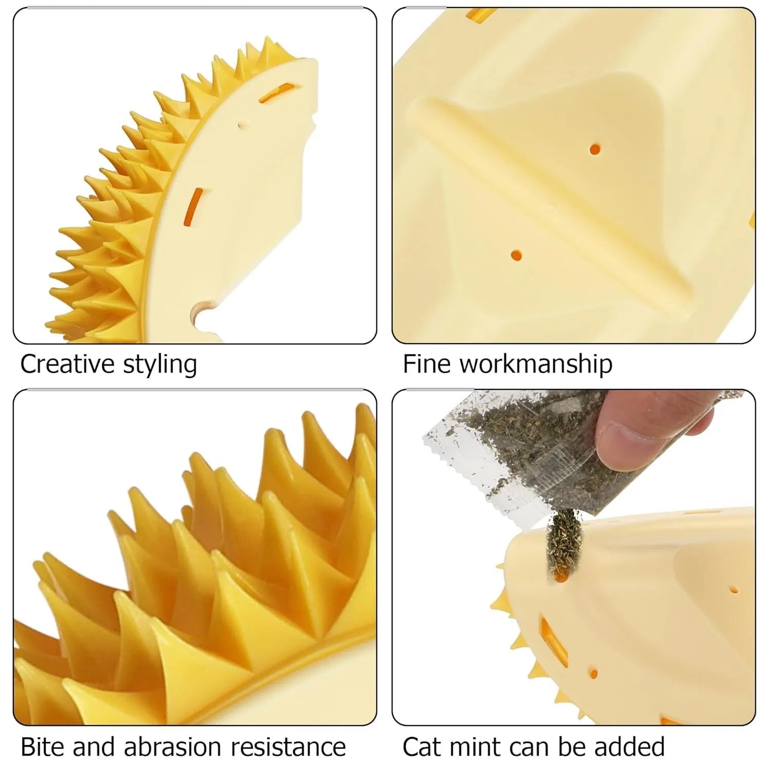 Yellow durian-shaped cat corner scratcher with textured surface and packet of cat mint powder