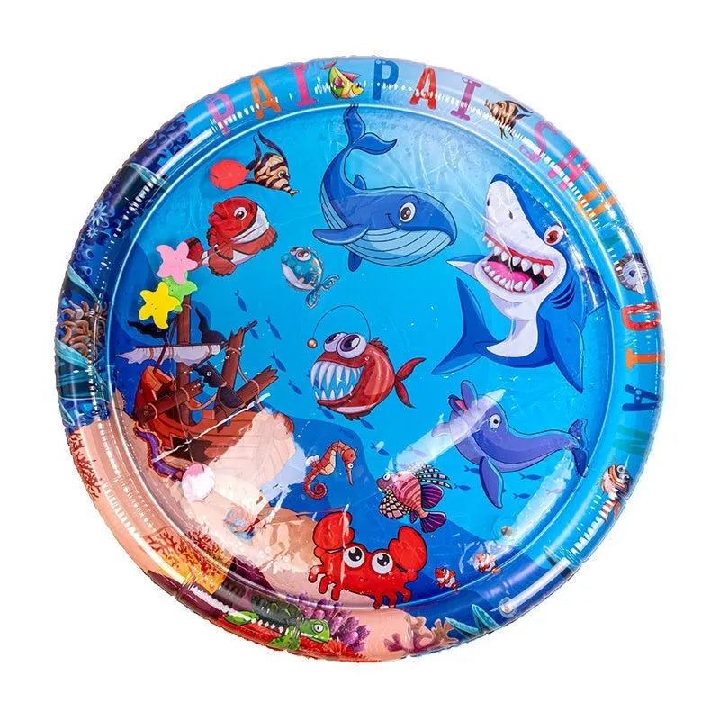 PVC inflatable water bed cooling mat for dogs and cats on a floor, showing dolphin design.