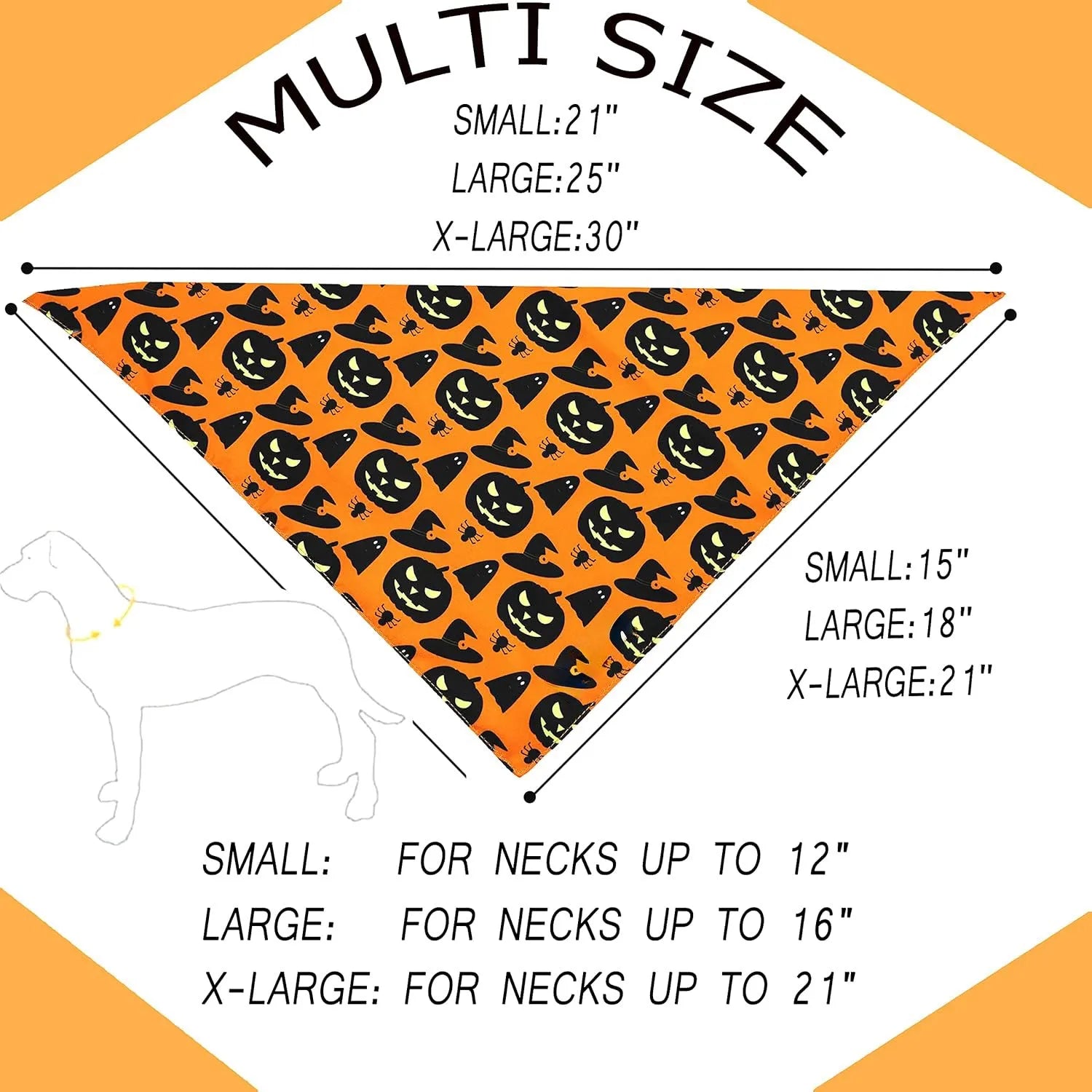 Black and orange reversible Halloween dog bandana with pumpkin and spider web patterns showing adjustable closure